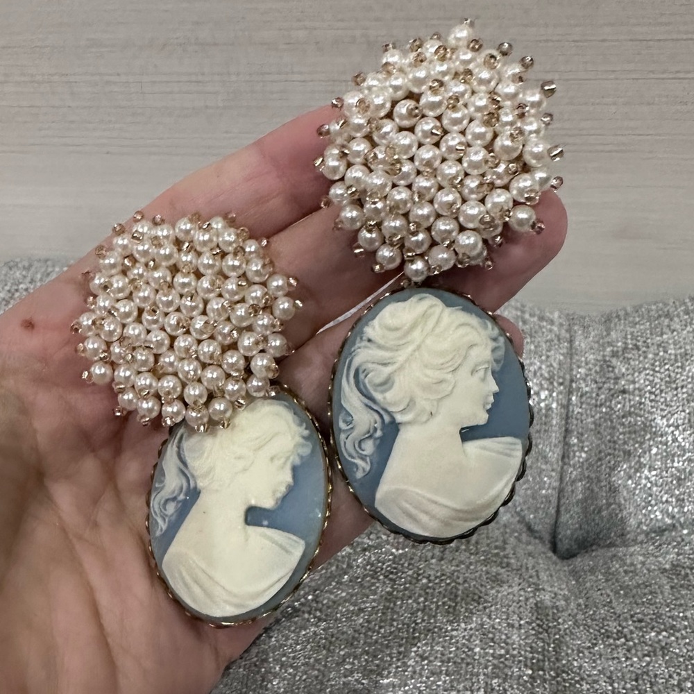 Nicola Bathie Blue Cameo Pearl Earrings